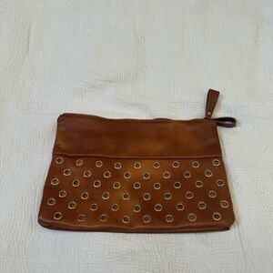 Brown Leather Clutch with Eyelet Design